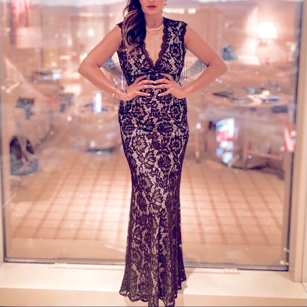 Betsy & Adam Black Lace Gown